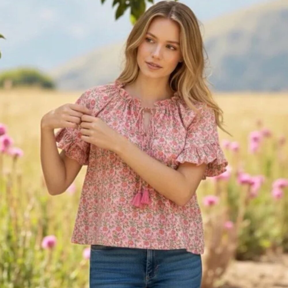 Tuckernuck Pink Floral Tie Neck Cotton Blouse | Flutter Sleeve